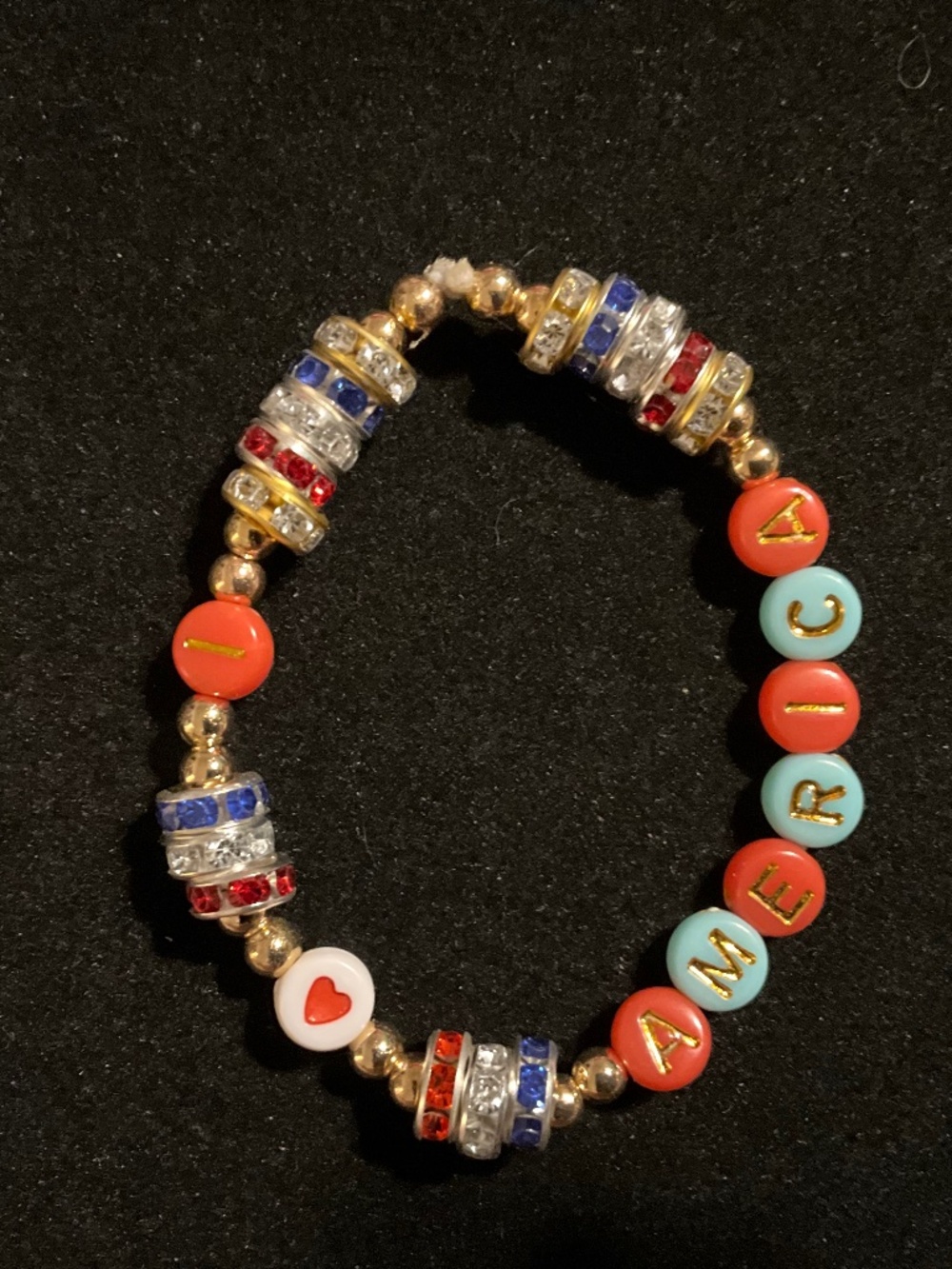 America Patriotic Stretch Bracelet Handmade Red White Blue Gold Beaded